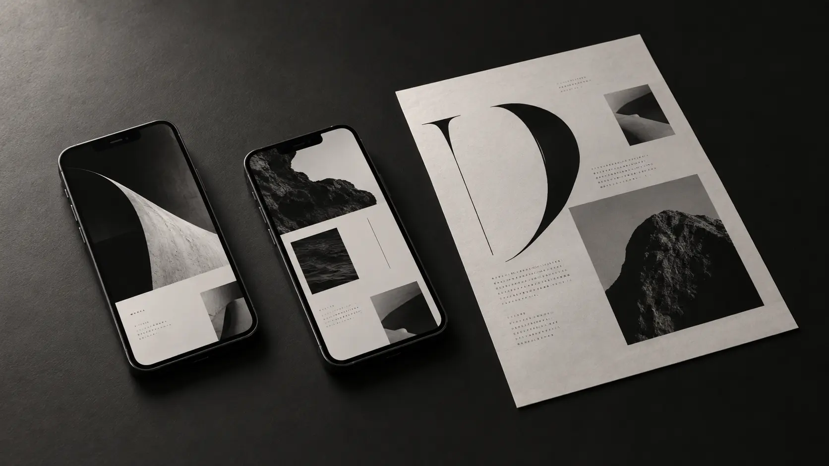 Concept fotografico generato di un sistema editoriale su due smartphone e un foglio stampato