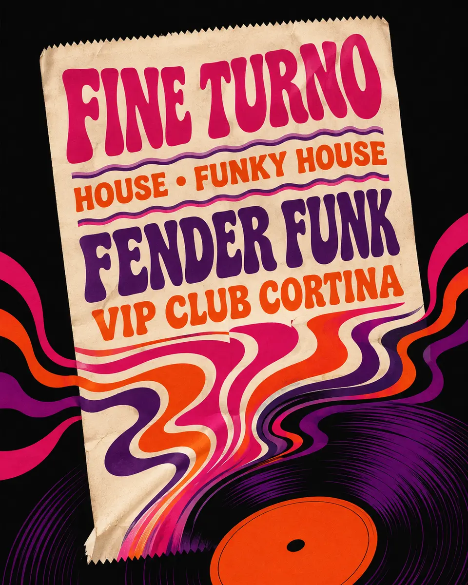 Fine Turno: grafica psichedelica con scontrino e vinile, in arancio e magenta