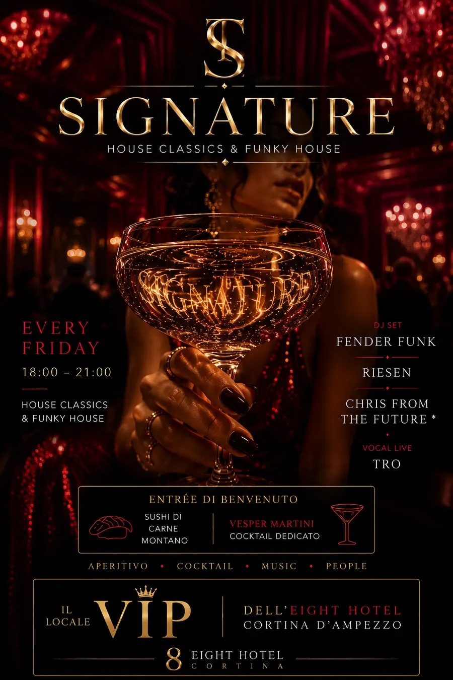 Signature: manifesto evento in rosso e oro con coppa e tipografia editoriale
